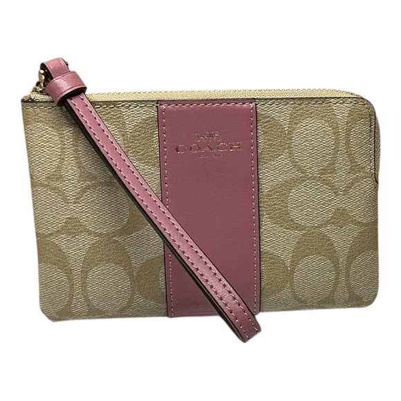Coach Handbags - Coach Signature Canvas Pink Leather Stripe Wristlet – NWOT